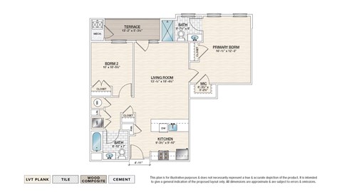 Floor plan for 2 beds, 2 baths, 1024 sqft